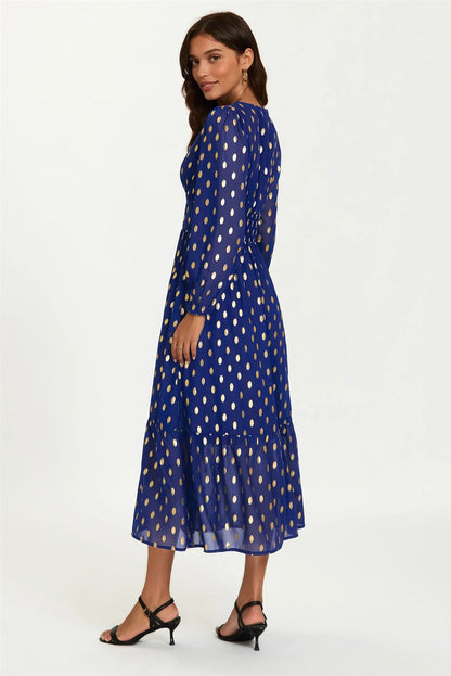 Lace Trim Foil Long Sleeve Maxi Dress In Royal Blue