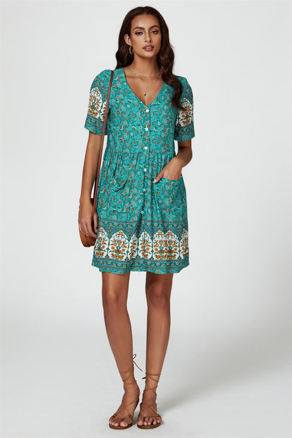 Print Boho Mini Dress In Green