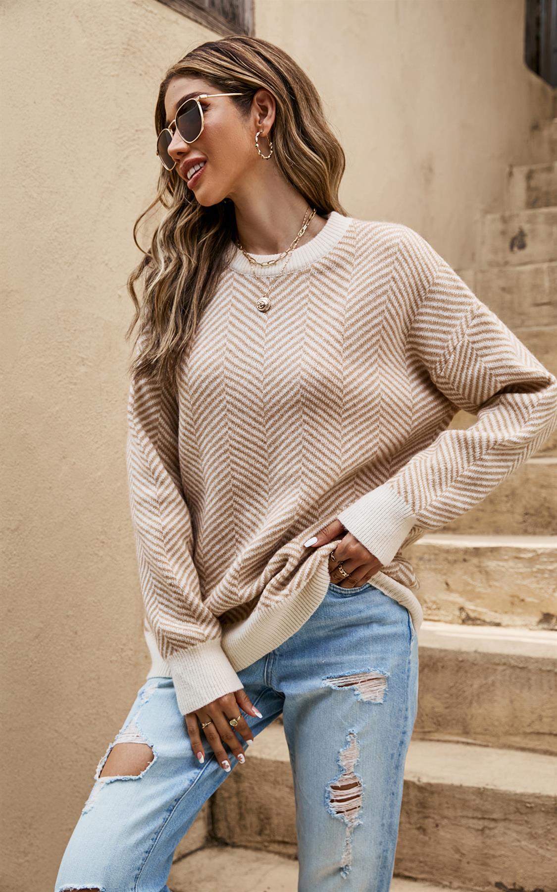 Chic Geometric Intarsia Knit Jumper Top In Beige & Taupe
