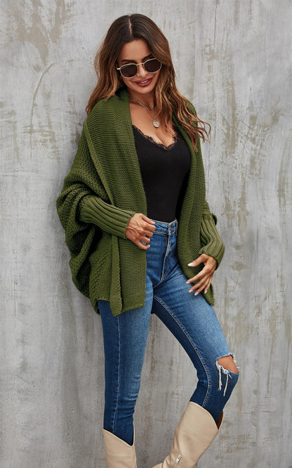 Olive Green Chunky Pleat Oversized Cardigan