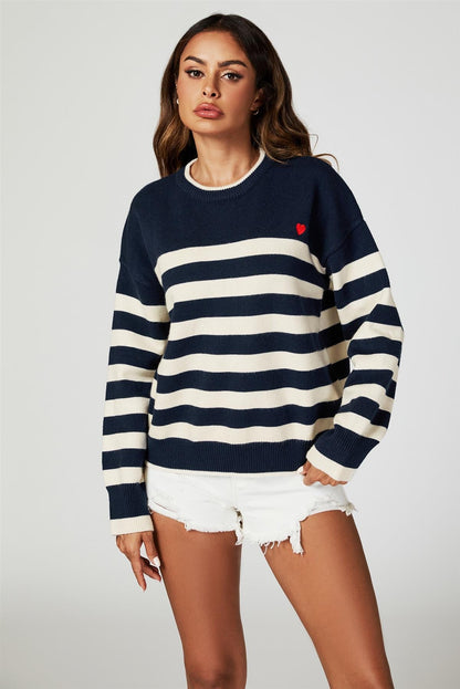 Stripe Jumper with Heart Embroidery In Navy