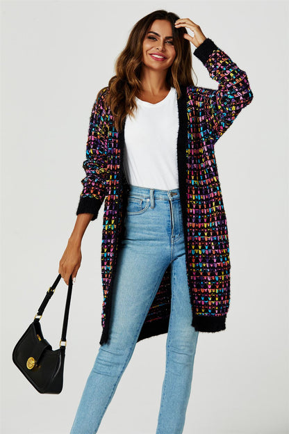 Rainbow Multicolour Speckles Boucle Check Cardigan In Black