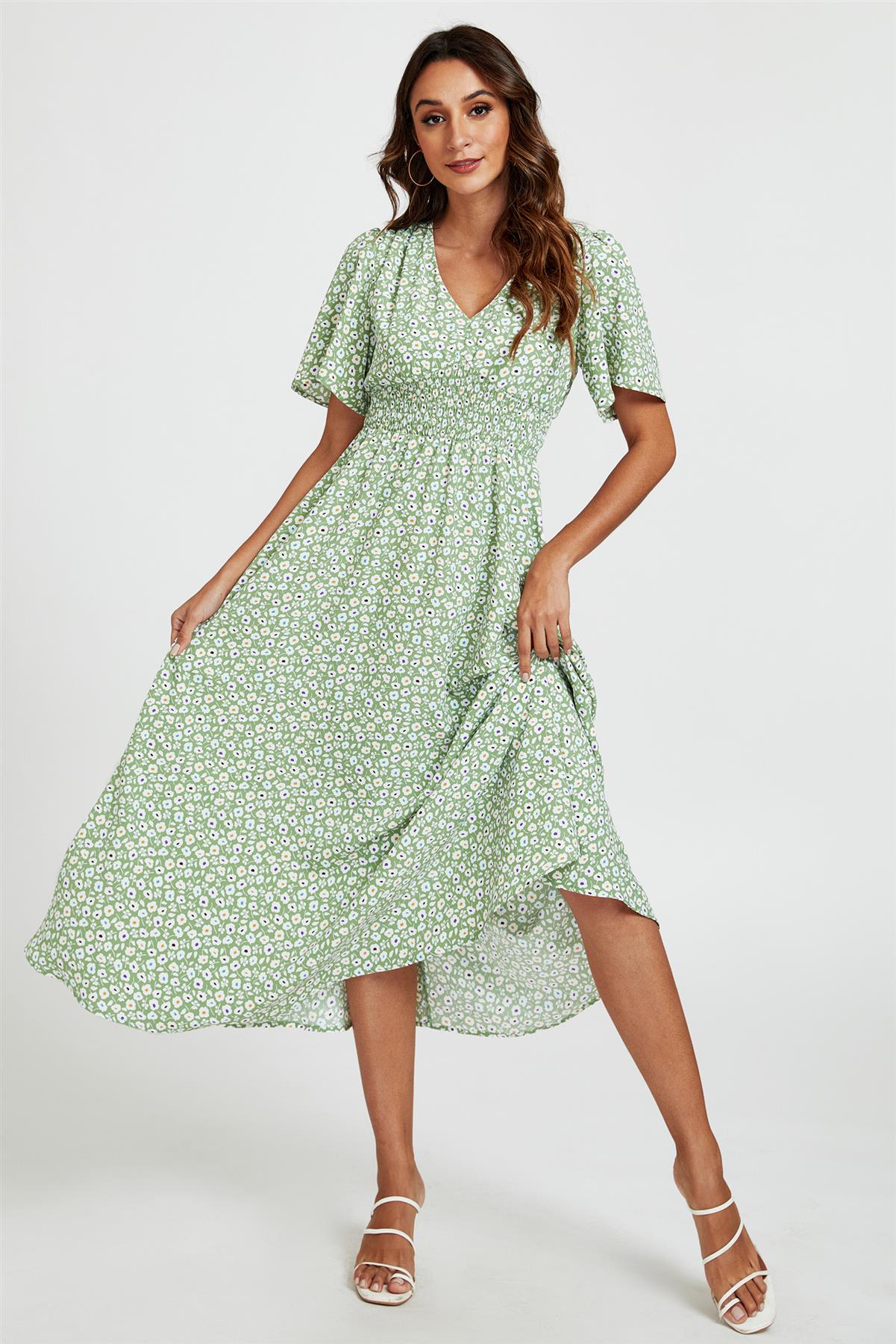 Multi Floral Print V Neck Midi Dress In Green
