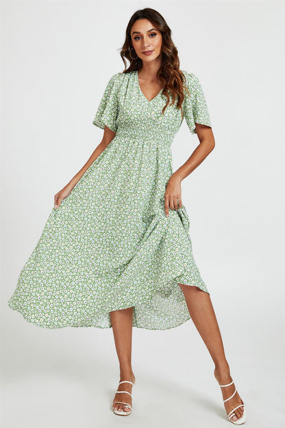 Multi Floral Print V Neck Midi Dress In Green