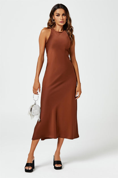 Slim-Fit Satin Midi Dress In Brown