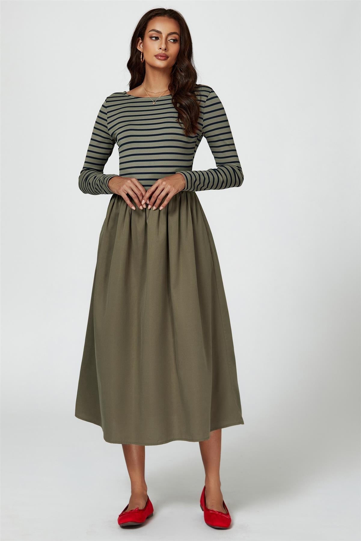 Long Sleeve Stripe Midi Dress In Olive