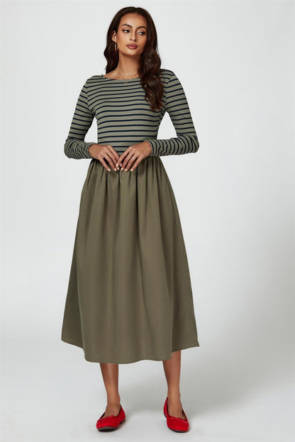Long Sleeve Stripe Midi Dress In Olive