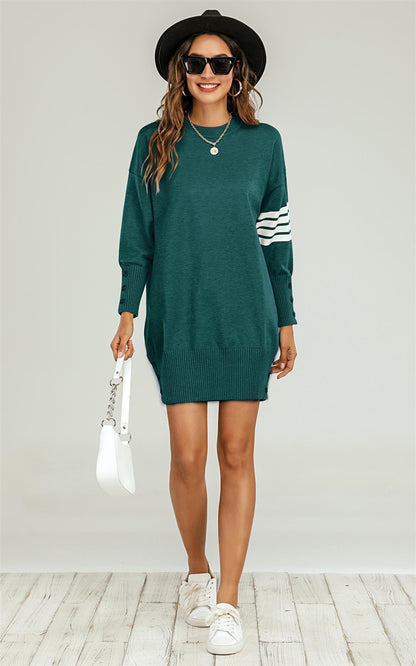 Knitted Tunic Jumper Dress With White Stripe In Dark Green