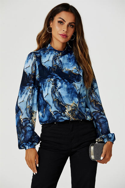Marble Print Long Sleeve High Neck Top In Navy