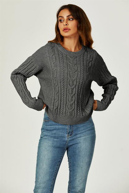Cable Knit Crew Neck Jumper In Dark Grey