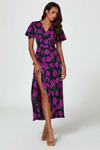 Floral Print Satin Wrap Maxi Dress In Magenta