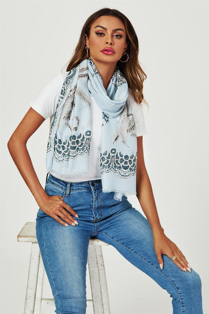 Geometric & Feather & Lace Print Scarf In Blue