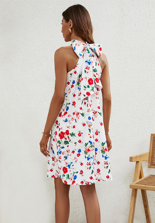 Floral Print Halter Neck Tie Back Mini Dress In White
