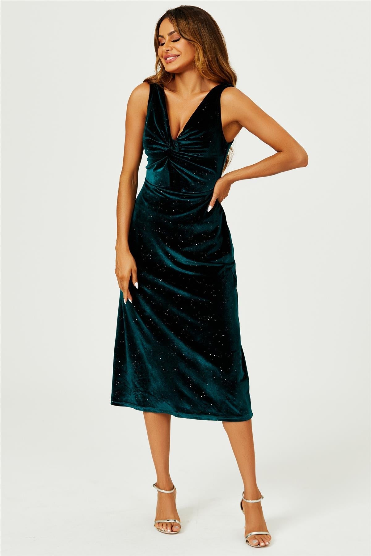 Samt-Midi-Kleid mit Silberglanz & Knotendetail in Grün