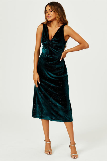 Samt-Midi-Kleid mit Silberglanz & Knotendetail in Grün