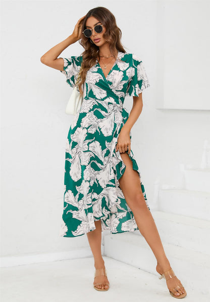 Angel Sleeve Wrap Midi Dress In Green