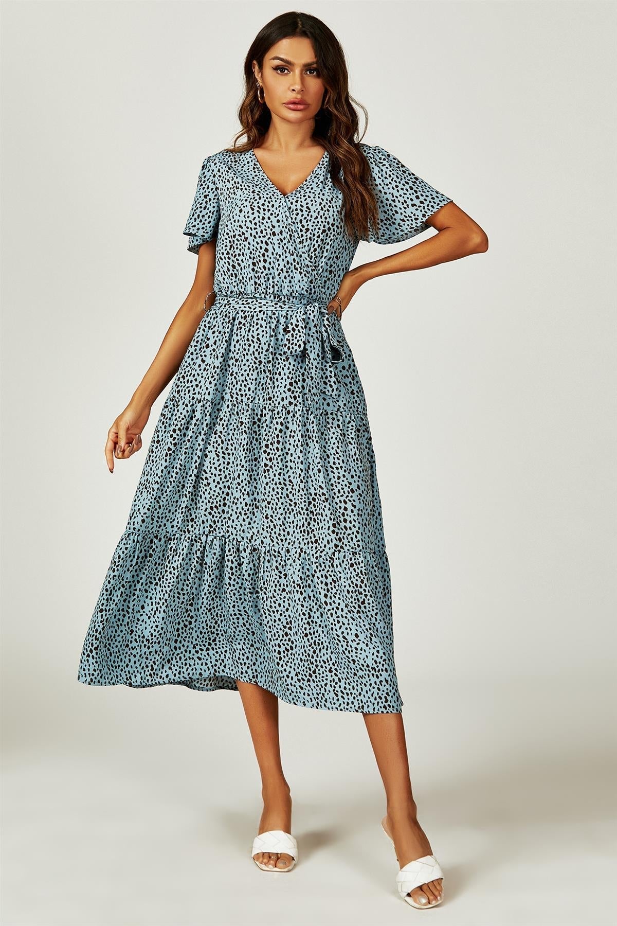 Leopard Print Hem Tiered Wrap Midi Dress In Blue