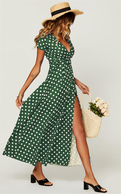 Polka Dot Print High Waist Wrap Dress In Green