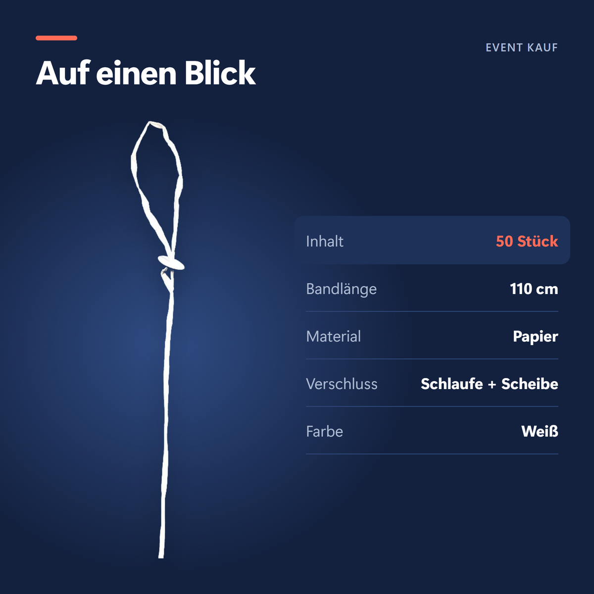 Auf einen Blick: 50 Stück, Bandlänge 110 cm, Papier, Schlaufe und Scheibe, weiß