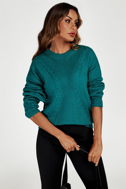 Cable Knit Crew Neck Jumper In Dark Green