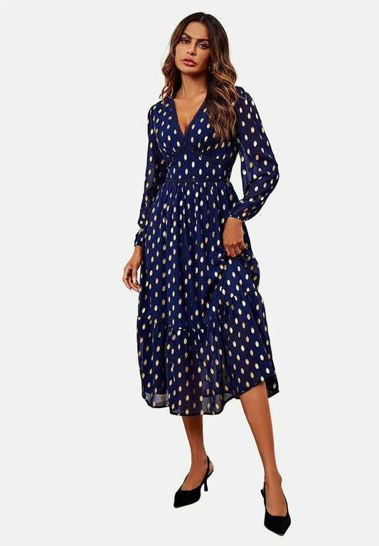 Lace Trim Foil Long Sleeve Maxi Dress In Navy