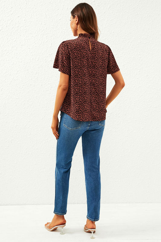Leopard Print Angel Sleeve High Neck Top/Blouse In Rusty