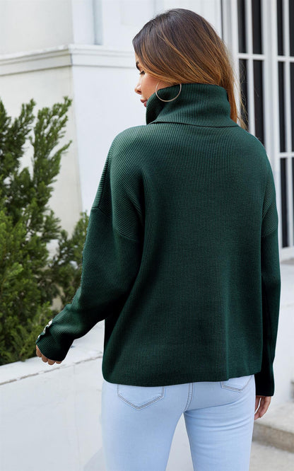 Button Detail On Sleeve Jumper Top With High Neck In Forest Green