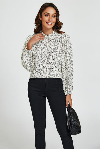 Little Floral Print Frill Detail High Neck Top In White