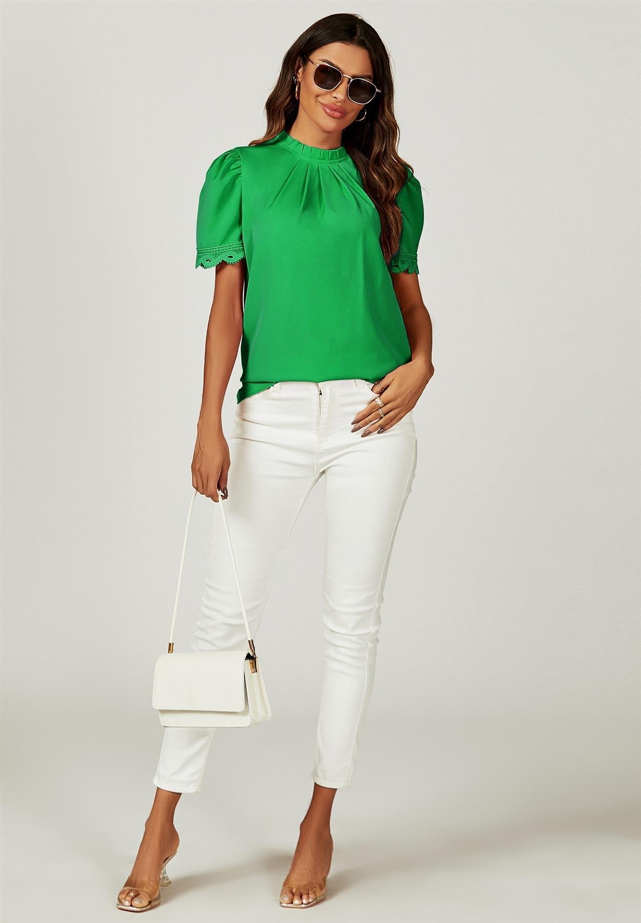Lace Trim Detail Short Sleeve High Neck Blouse Top In Green
