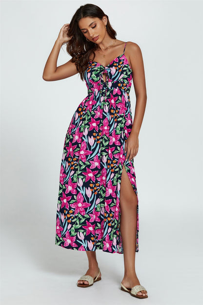 Maxi-Kleid mit Blumendruck & Bindeband vorne in Schwarz