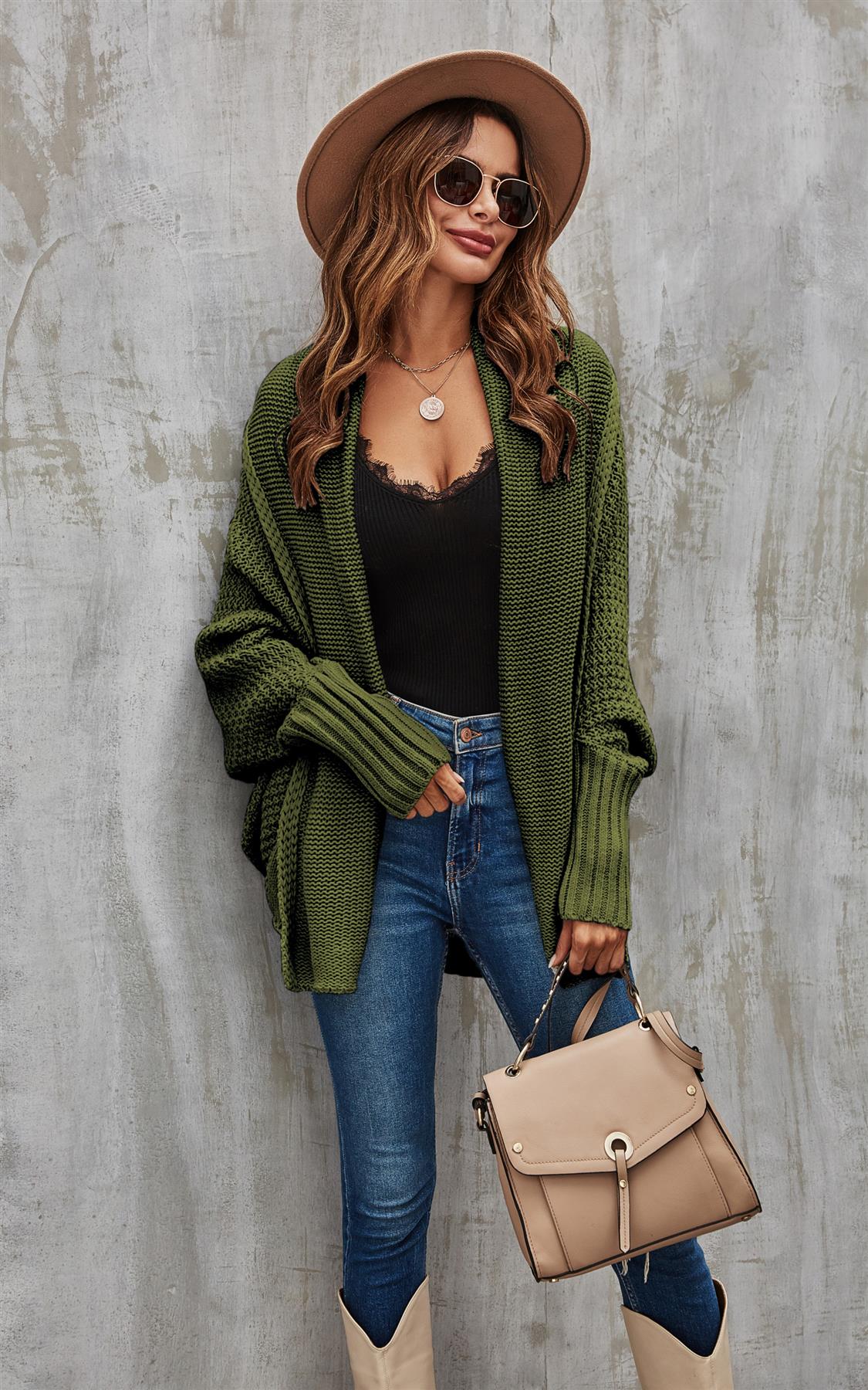 Olive Green Chunky Pleat Oversized Cardigan