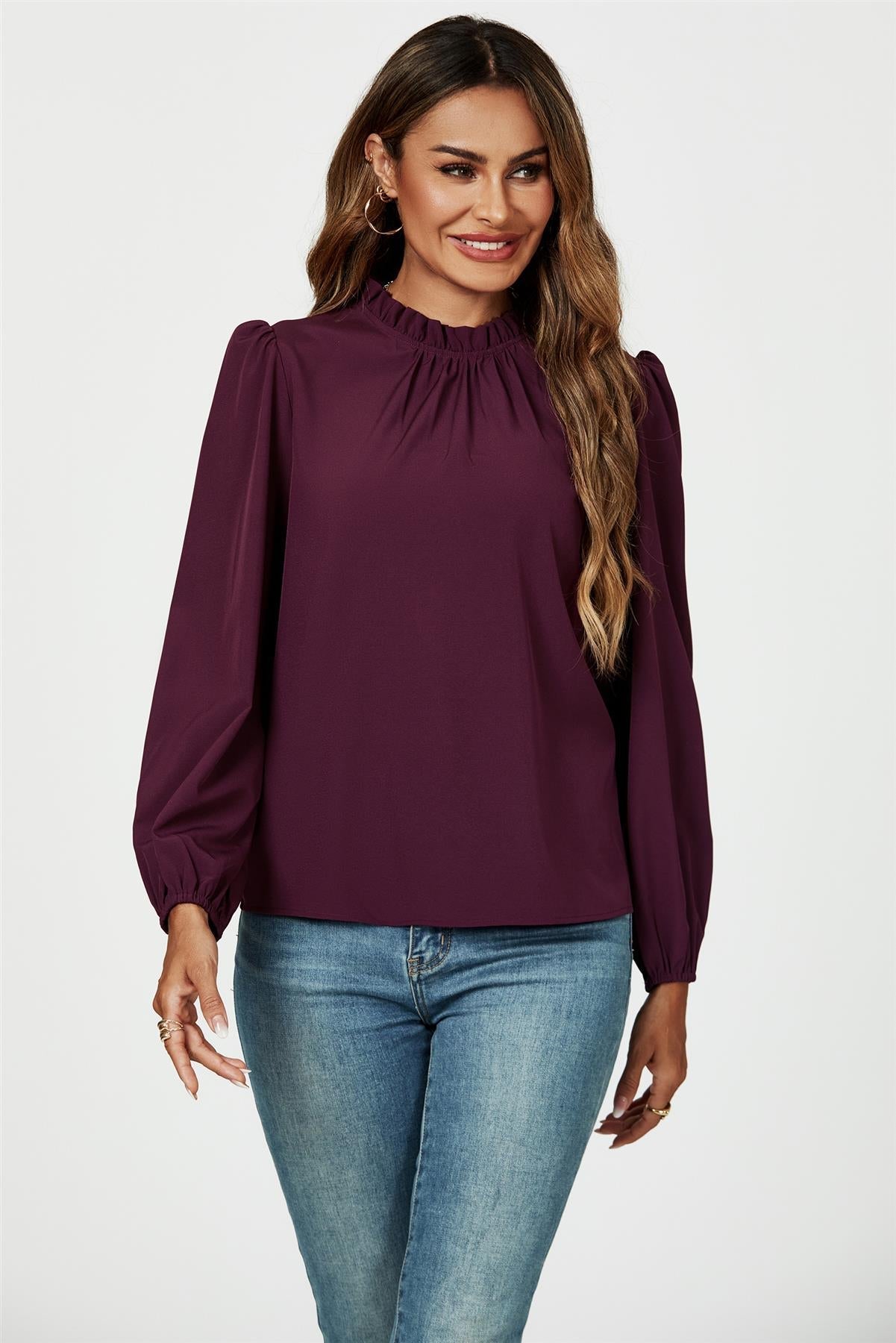 Frill Detail High Neck Top In Plum