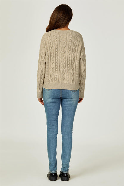 Cable Knit Crew Neck Jumper In Taupe