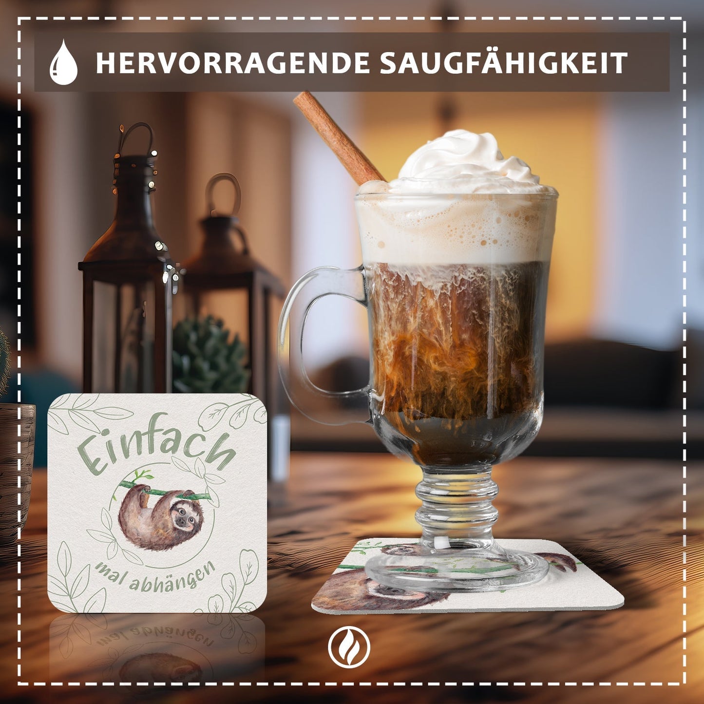 50 Bierdeckel Faultier 'Einfach mal abhängen', Naturmotiv Grün Beige