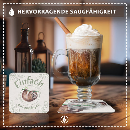 50 Bierdeckel Faultier 'Einfach mal abhängen', Naturmotiv Grün Beige