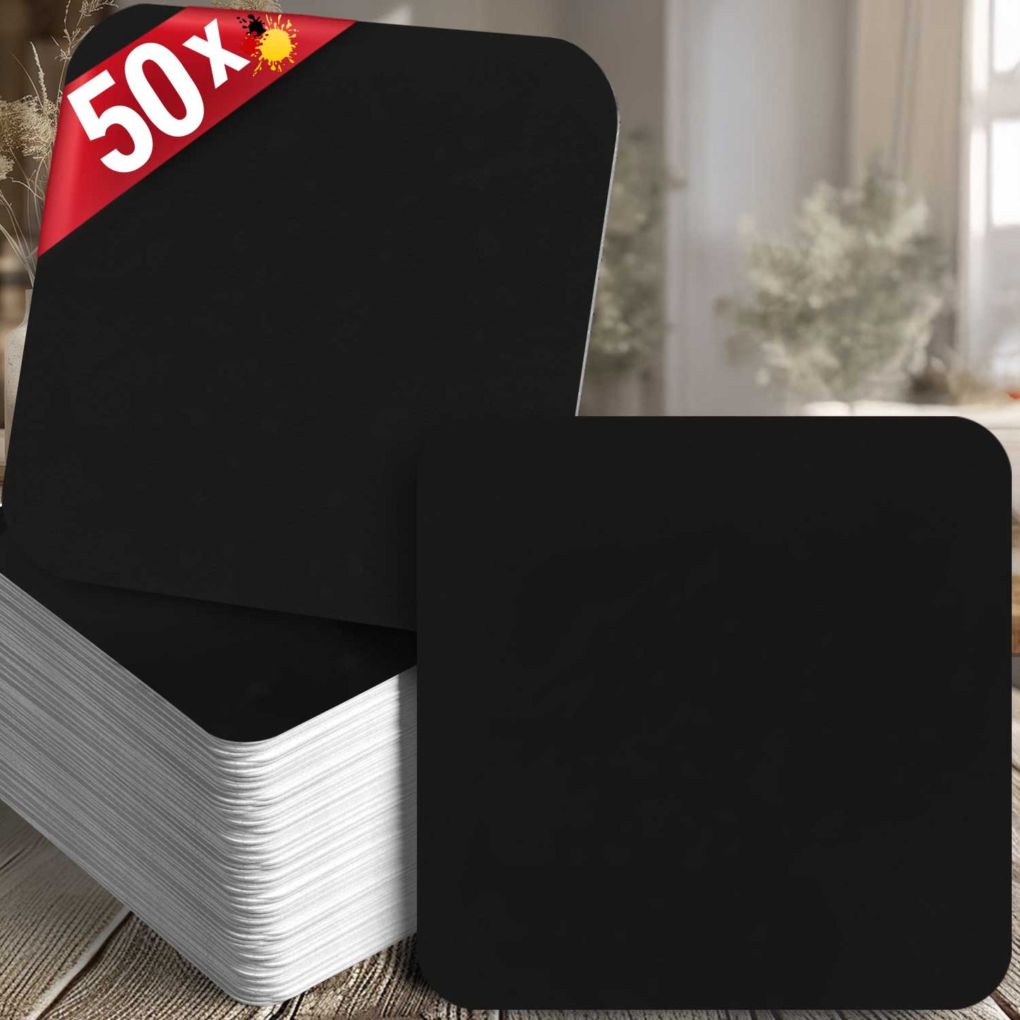 50 Bierdeckel eckig Schwarz, minimalistisch Tischdeko Schwarz