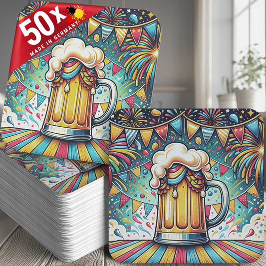 50 Bierdeckel Bierkrug bunt, Party Geburtstag Grillen Feierdeko