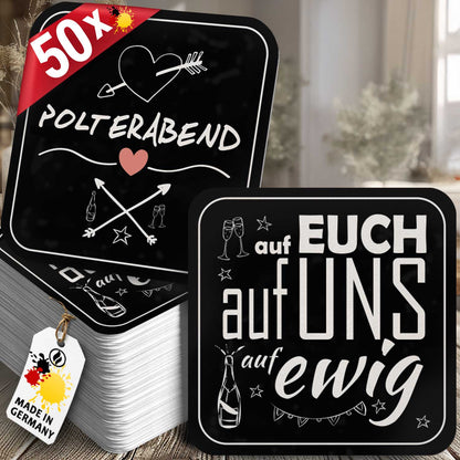 Bierdeckel Polterabend - 50 Stück - Elegante Schwarze Untersetzer mit Herz