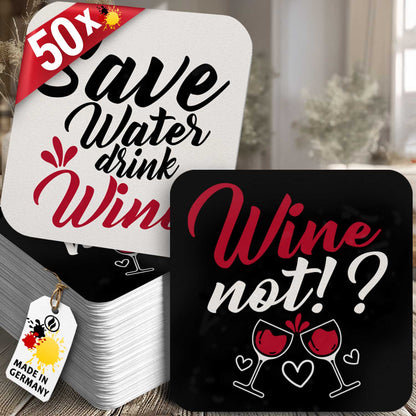 Wein Bierdeckel "Wine Not" & "Save Water Drink Wine" - 50er Set