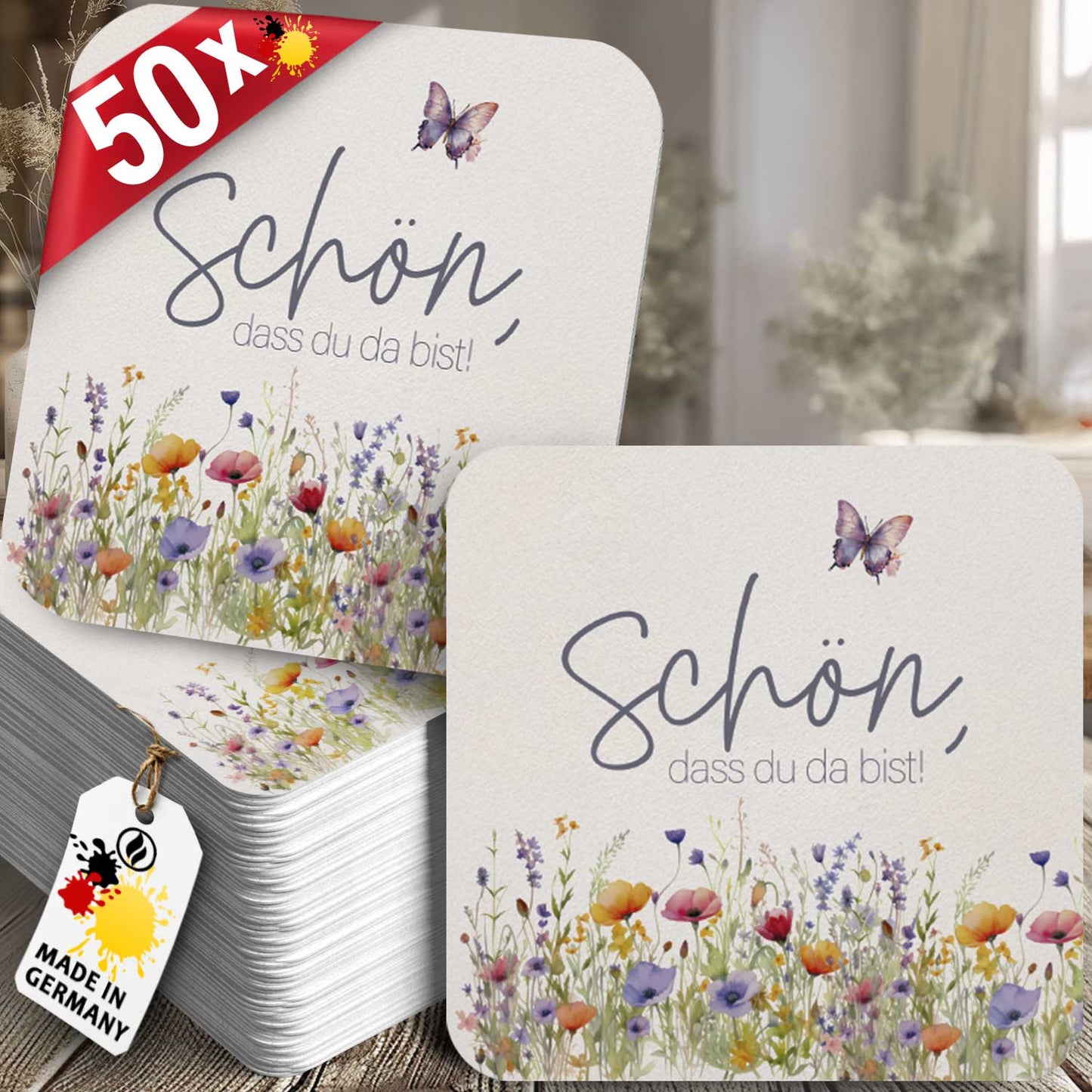 50 Bierdeckel Schön dass du da bist, Floral Butterfly Wildblumen
