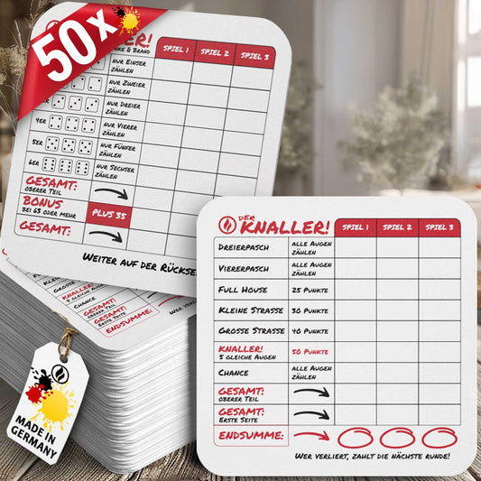 50 Bierdeckel Kniffel Würfelspiel, Der Knaller! Party Trinkspiel Runde Zahlt