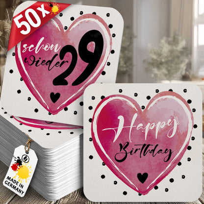 50 Bierdeckel Geburtstag Schon wieder 29 Herz, Schon wieder 29 Weiß/Pink