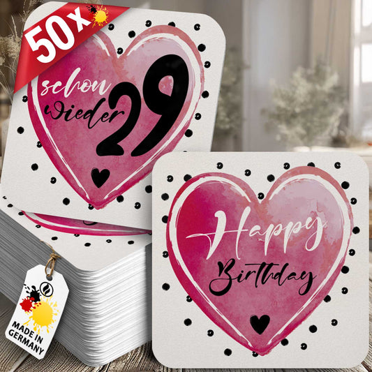50 Bierdeckel Geburtstag Schon wieder 29 Herz, Schon wieder 29 Weiß/Pink
