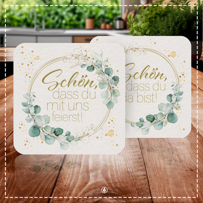 50x Bierdeckel 'Schön, dass du da bist' in Grün Floral mit Efeu