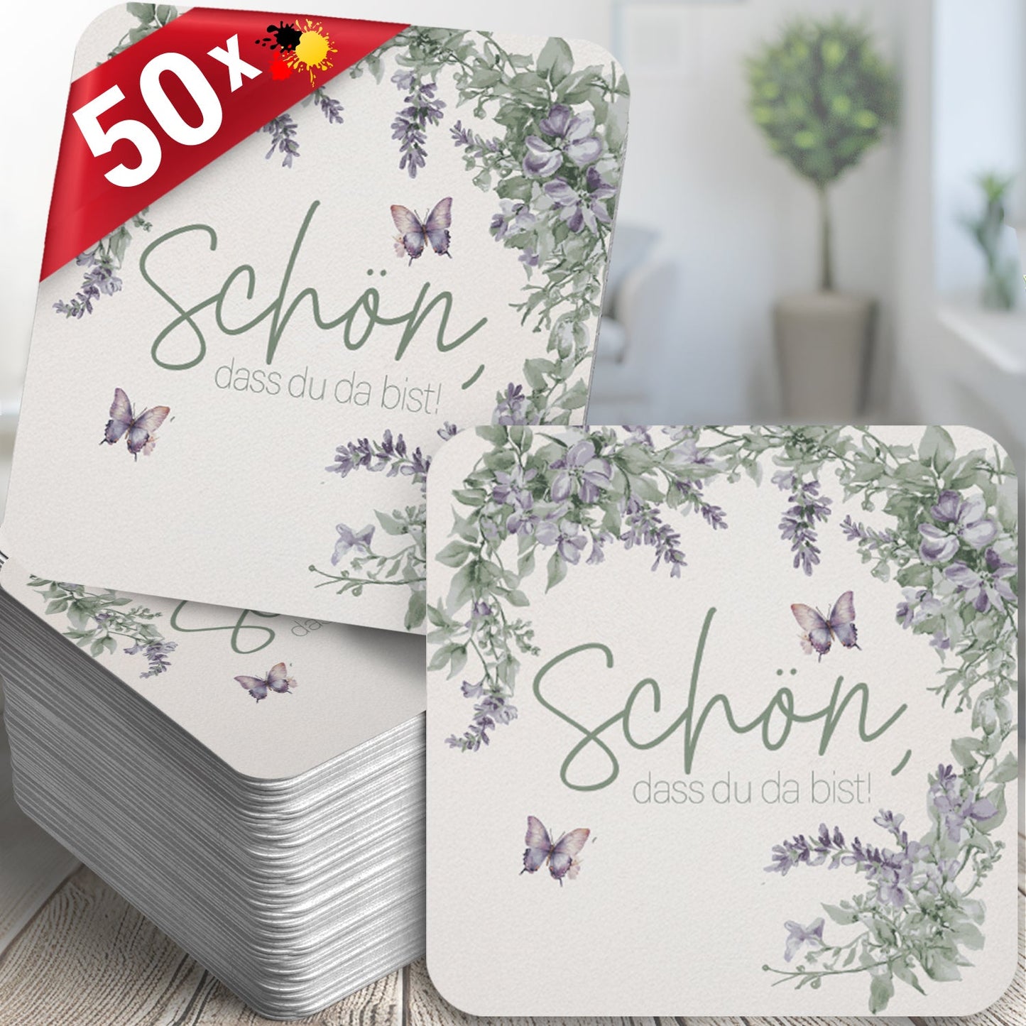 50 Bierdeckel Schön dass du da bist, Floral Butterfly Lavendelgrün