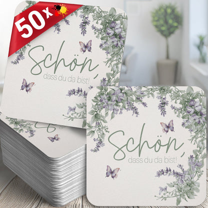 50 Bierdeckel Schön dass du da bist, Floral Butterfly Lavendelgrün