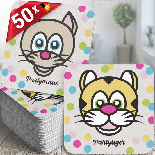 50x Bierdeckel Kindergeburtstag Partymaus & Partytiger - Tisch-Deko für den Geburtstag