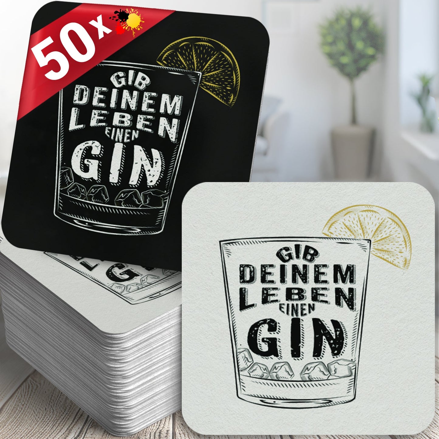 Bierdeckel Gin – 50er Set "Gib deinem Leben einen Gin", Humorvolles Design mit Zitronenscheibe