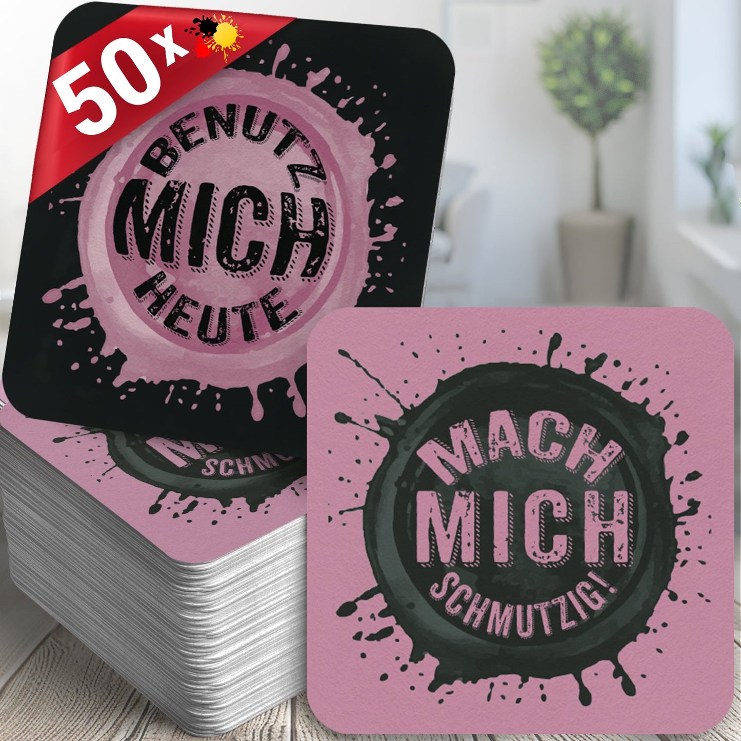 Freche Bierdeckel - 50er Set mit Zweideutigen Sprüchen "Mach mich schmutzig" & "Benutz mich heute"