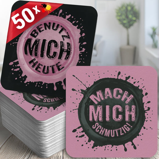 Freche Bierdeckel - 50er Set mit Zweideutigen Sprüchen "Mach mich schmutzig" & "Benutz mich heute"